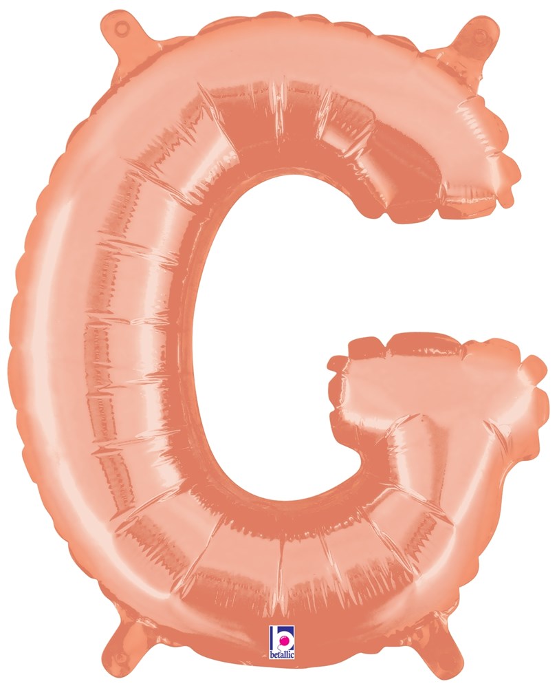 Rose gold metallic foil balloon shaped like the letter G, 14-inch valved air-filled design.