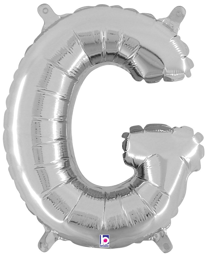 Silver metallic 14-inch foil balloon shaped like the letter G with two valve tabs.