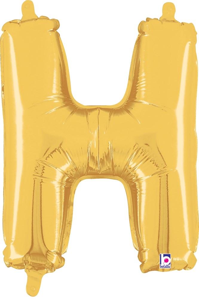 Gold foil 14-inch letter H balloon with valved air seal and shiny metallic finish.