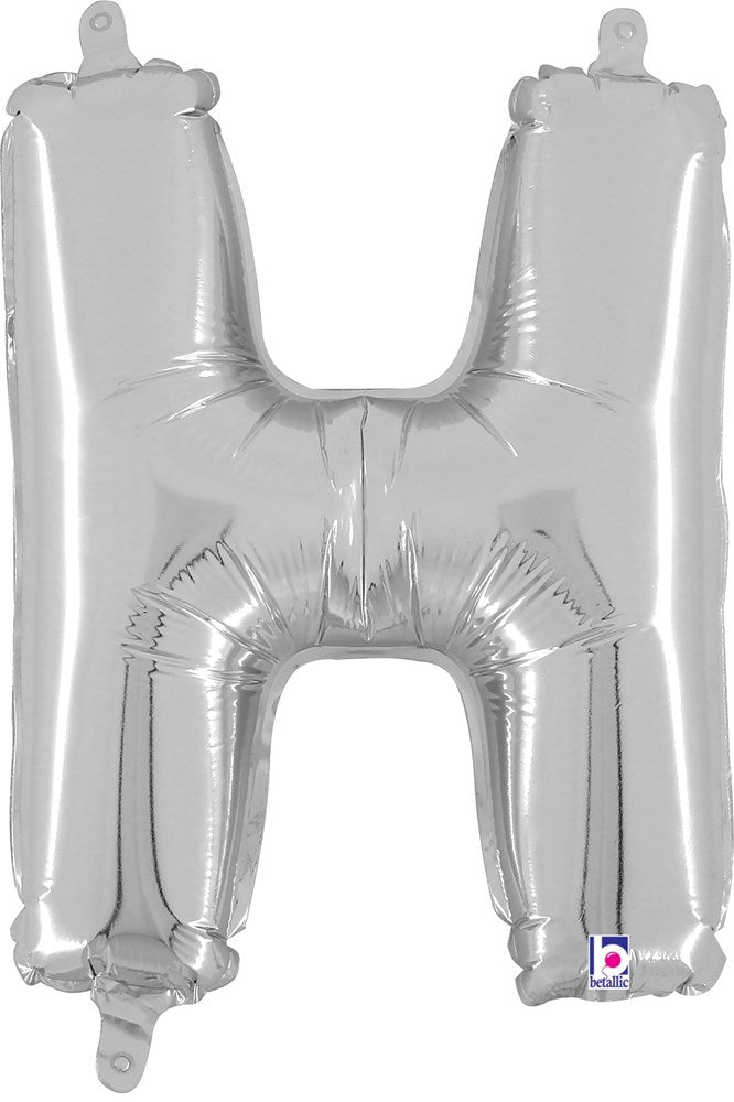 Silver metallic foil balloon shaped like the letter H, 14 inches tall, with a valved air-filled design.