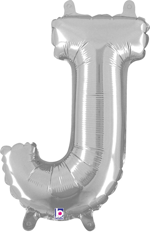 Silver metallic foil balloon shaped like the letter J, 14 inches tall with valve top tabs.