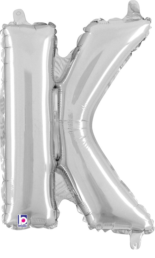 Silver foil balloon shaped as the letter K, 14-inch, with a valve for air inflation.