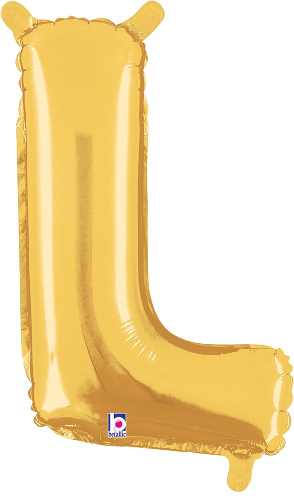 Gold metallic 14-inch letter L-shaped air-filled balloon with a valve.