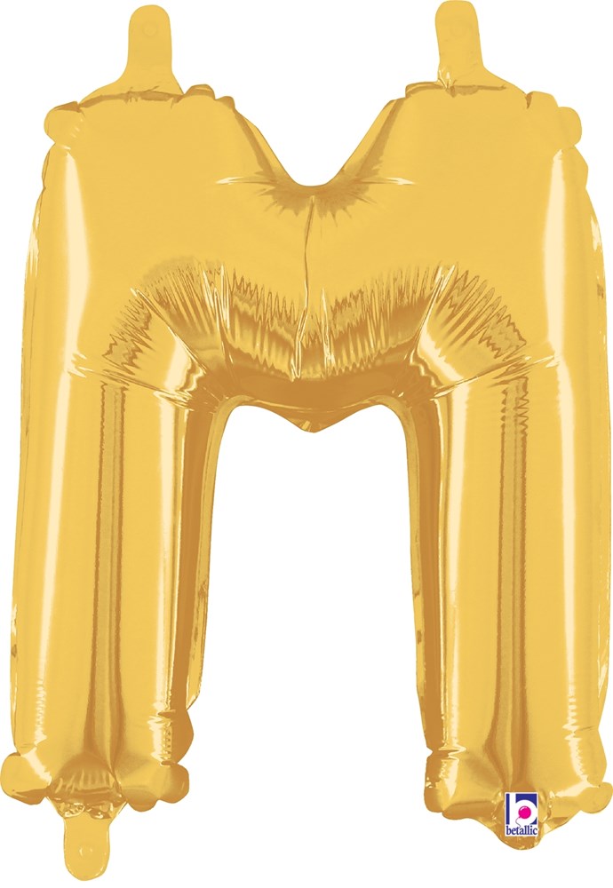 14-inch gold metallic foil balloon shaped like the letter M with a valve seal.