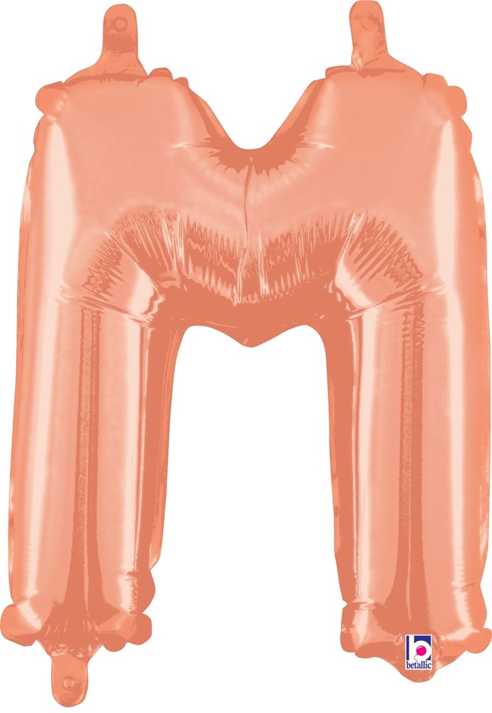 Rose gold metallic 14-inch foil balloon shaped like the letter M with valve.