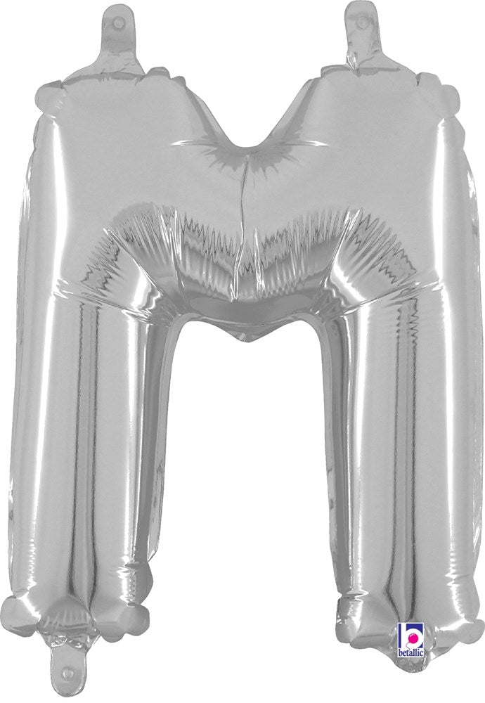Silver metallic foil balloon shaped like the letter M, 14 inches tall with valve for air filling.