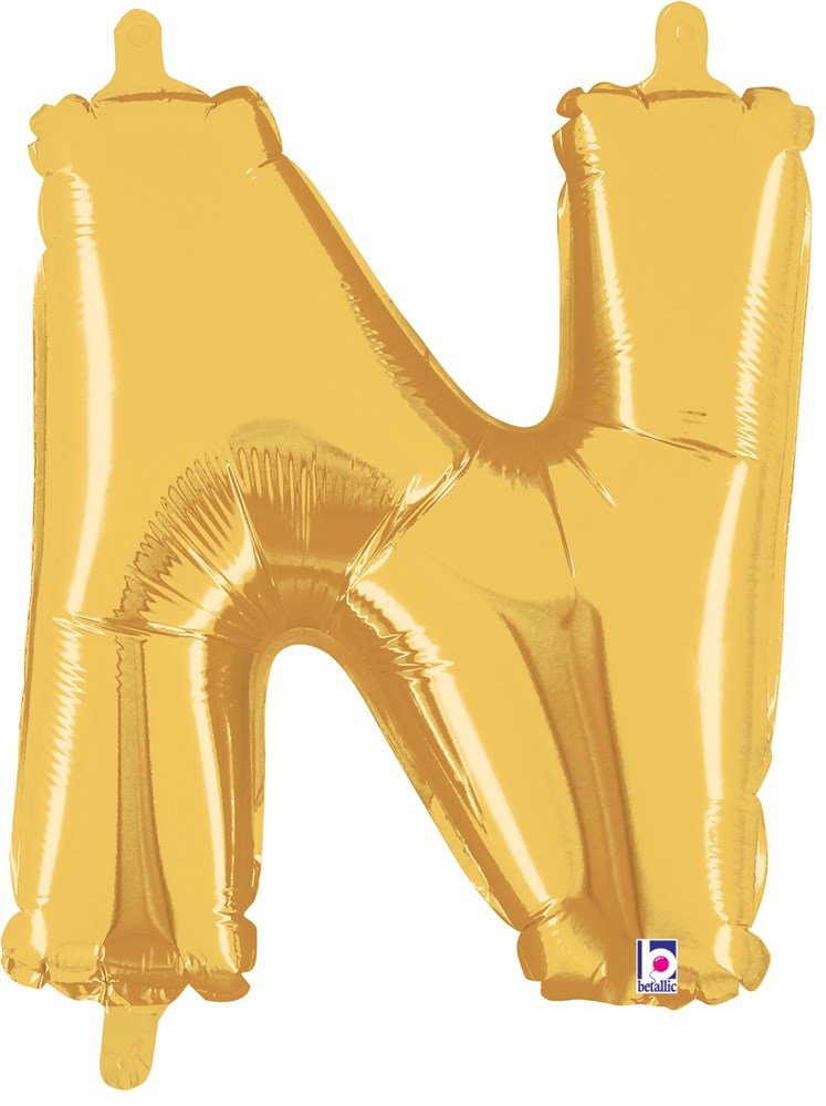 14-inch gold foil balloon shaped like the letter N with a valved self-sealing design.