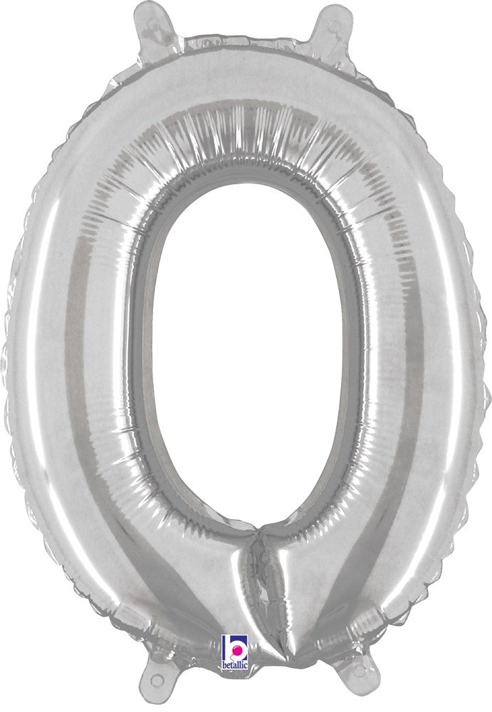 14-inch silver metallic foil balloon shaped as the number zero with two small tabs on top for hanging.