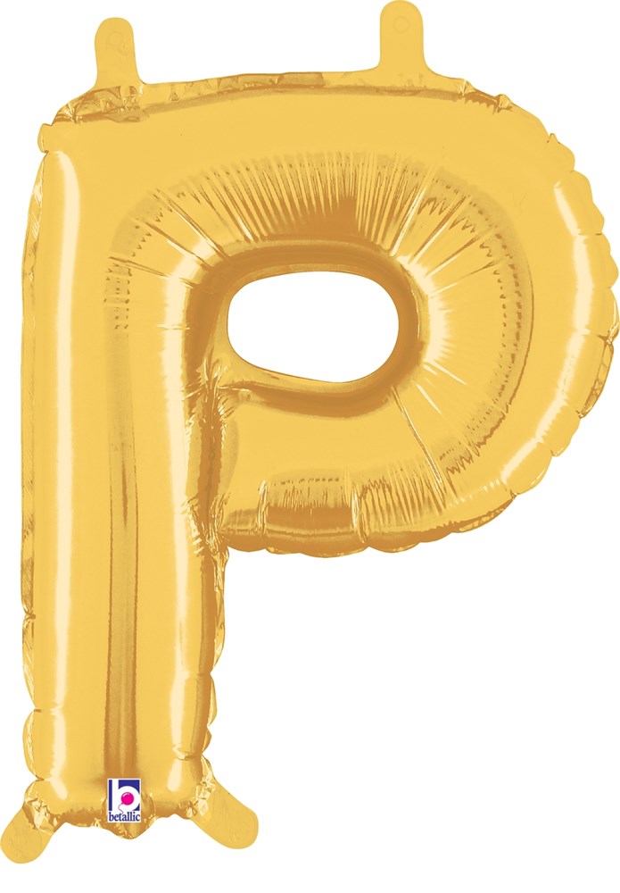 Gold foil balloon shaped like the letter P, 14 inches, with a valved air-fill design.