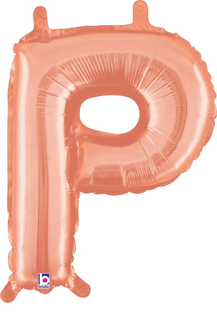 Rose gold metallic foil balloon shaped like the letter P, 14 inches tall with valve tabs at top and bottom.
