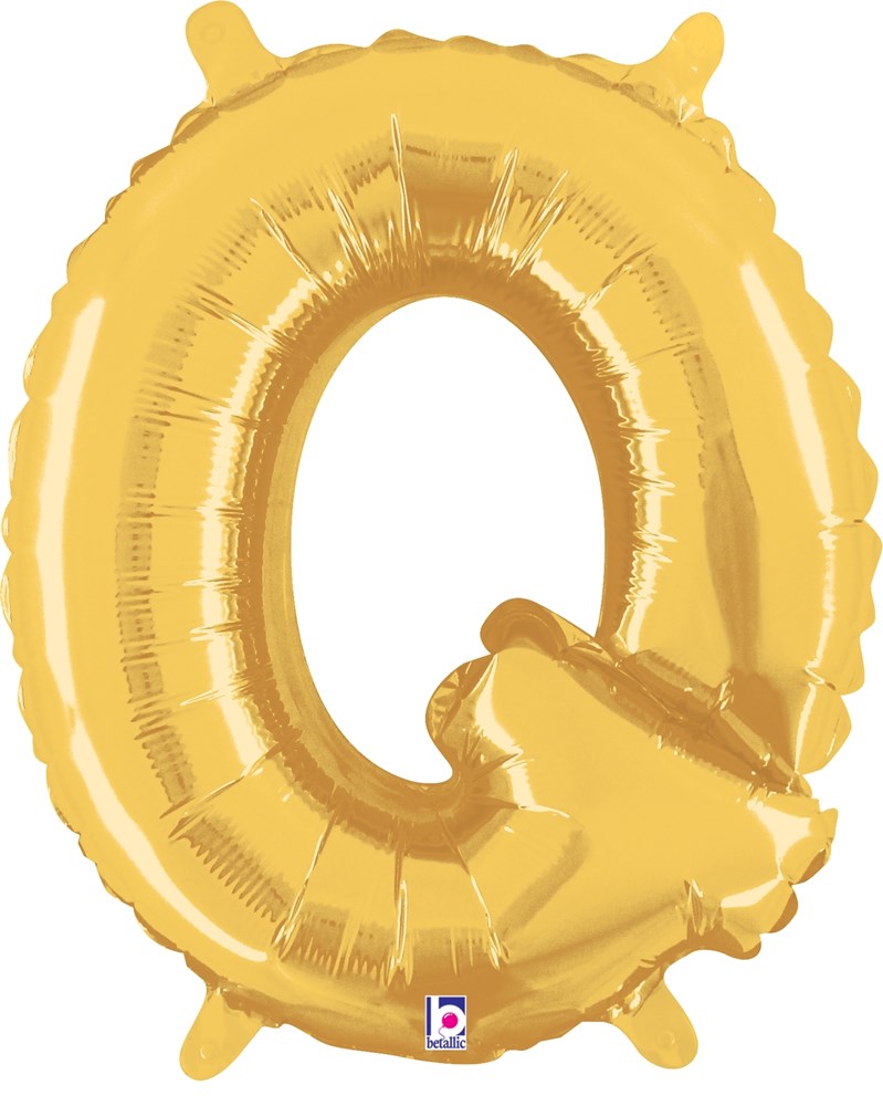 Gold foil balloon shaped like the letter Q, 14 inches, with a valved air fill design.