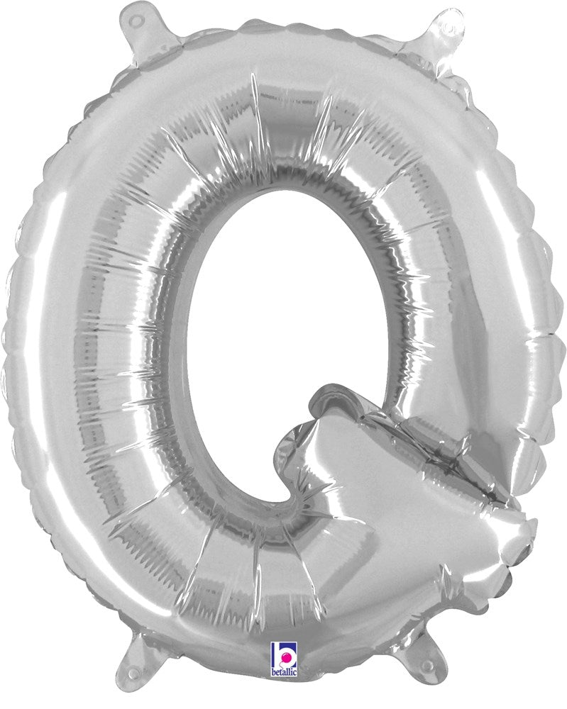 14-inch silver metallic foil balloon shaped like the letter Q with a valve and sealed edges.