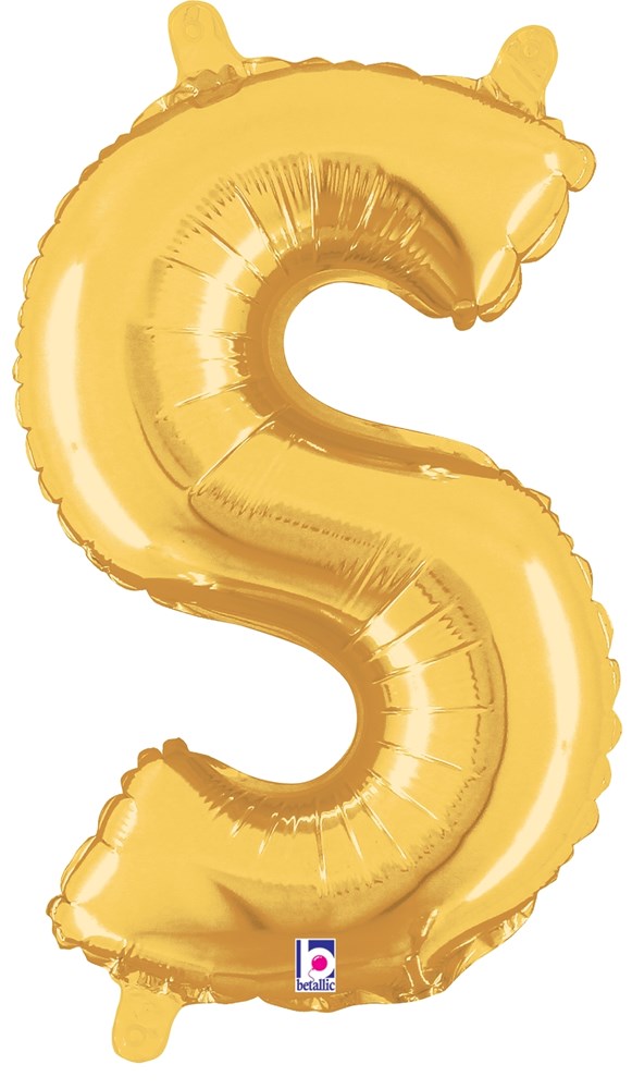 14-inch gold foil balloon in the shape of the letter S with a shiny metallic finish and two small air valves on top and.