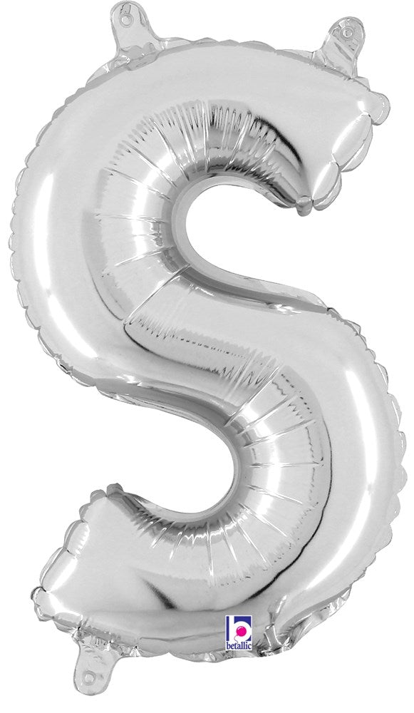 Silver foil balloon shaped like the letter S, 14 inches tall with two small tabs at top for hanging.