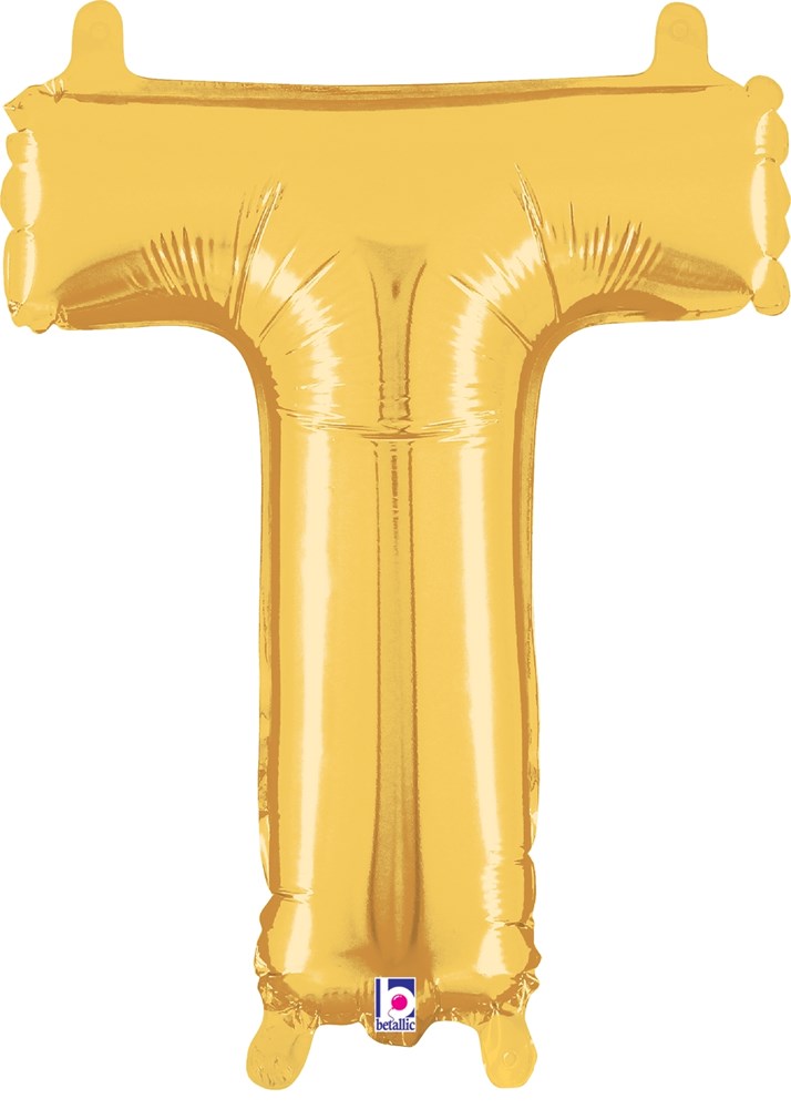 14-inch gold foil balloon in the shape of the letter T with a glossy finish and valved top tabs.