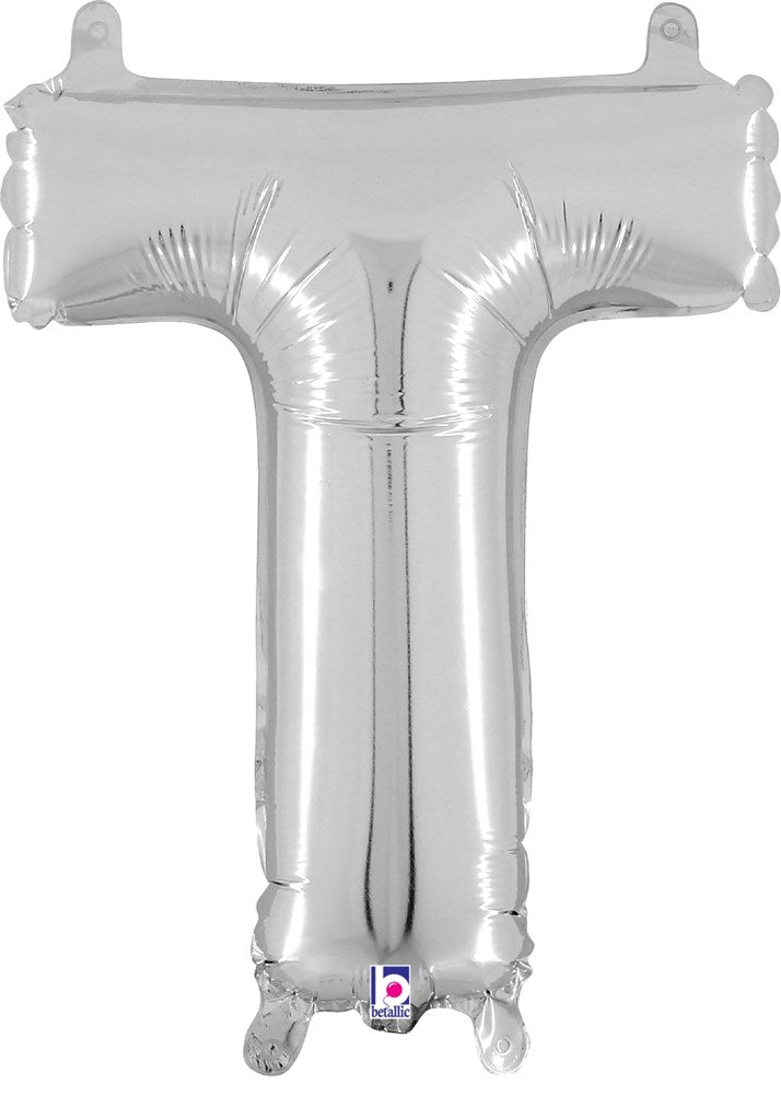 Silver metallic foil balloon shaped like the letter T, 14 inches tall with valve for air inflation.