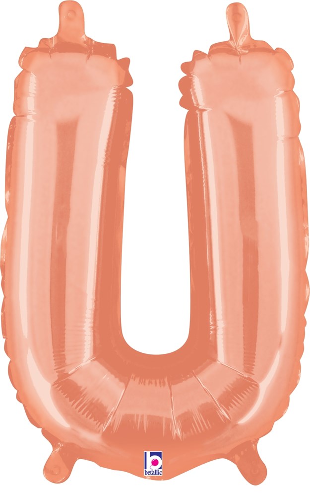 Rose gold metallic 14-inch air-filled balloon shaped as letter U with valve.