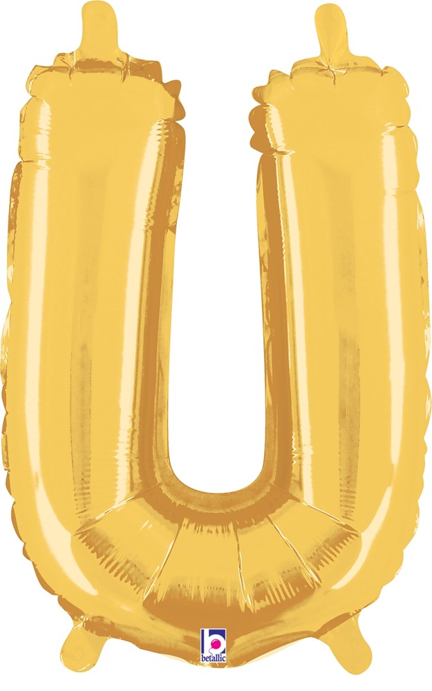 14-inch gold metallic letter U foil balloon with valve and hanging tab.