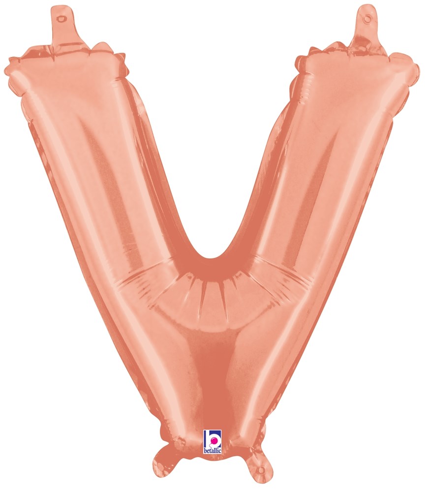 Rose gold metallic foil balloon shaped like the letter V, 14-inch valved air-filled design.