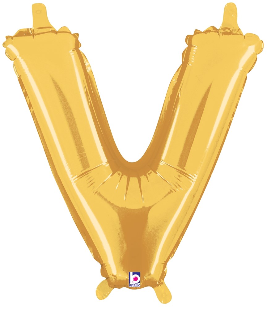 14-inch shiny gold foil balloon shaped like the letter V with valved air seal.