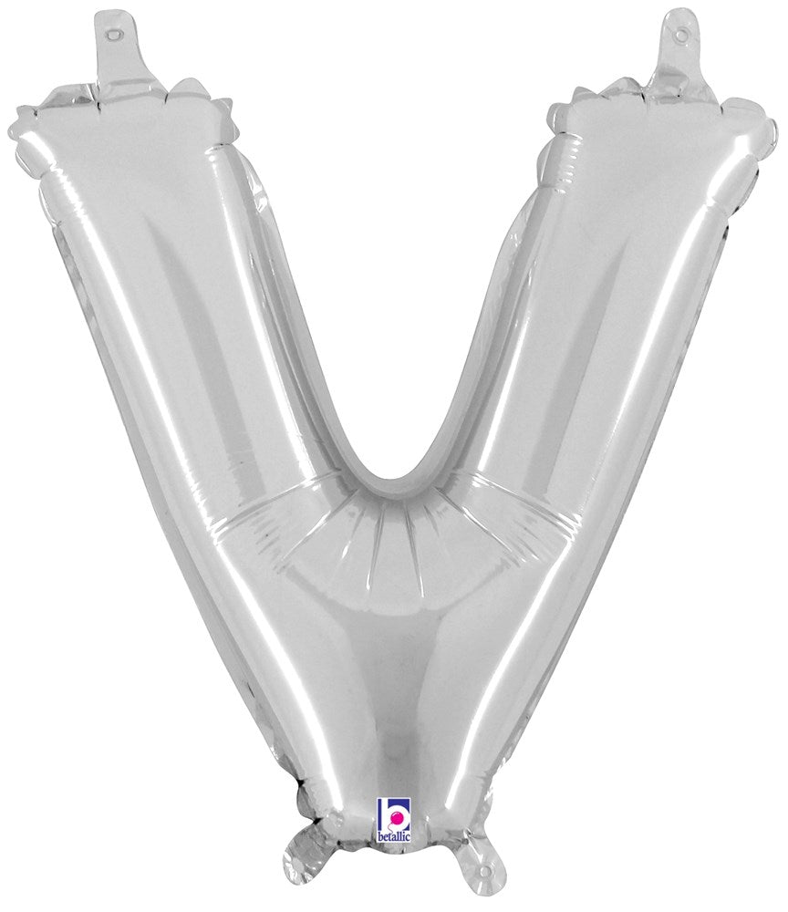 14-inch shiny silver foil balloon shaped like the letter V with a valved air nozzle.