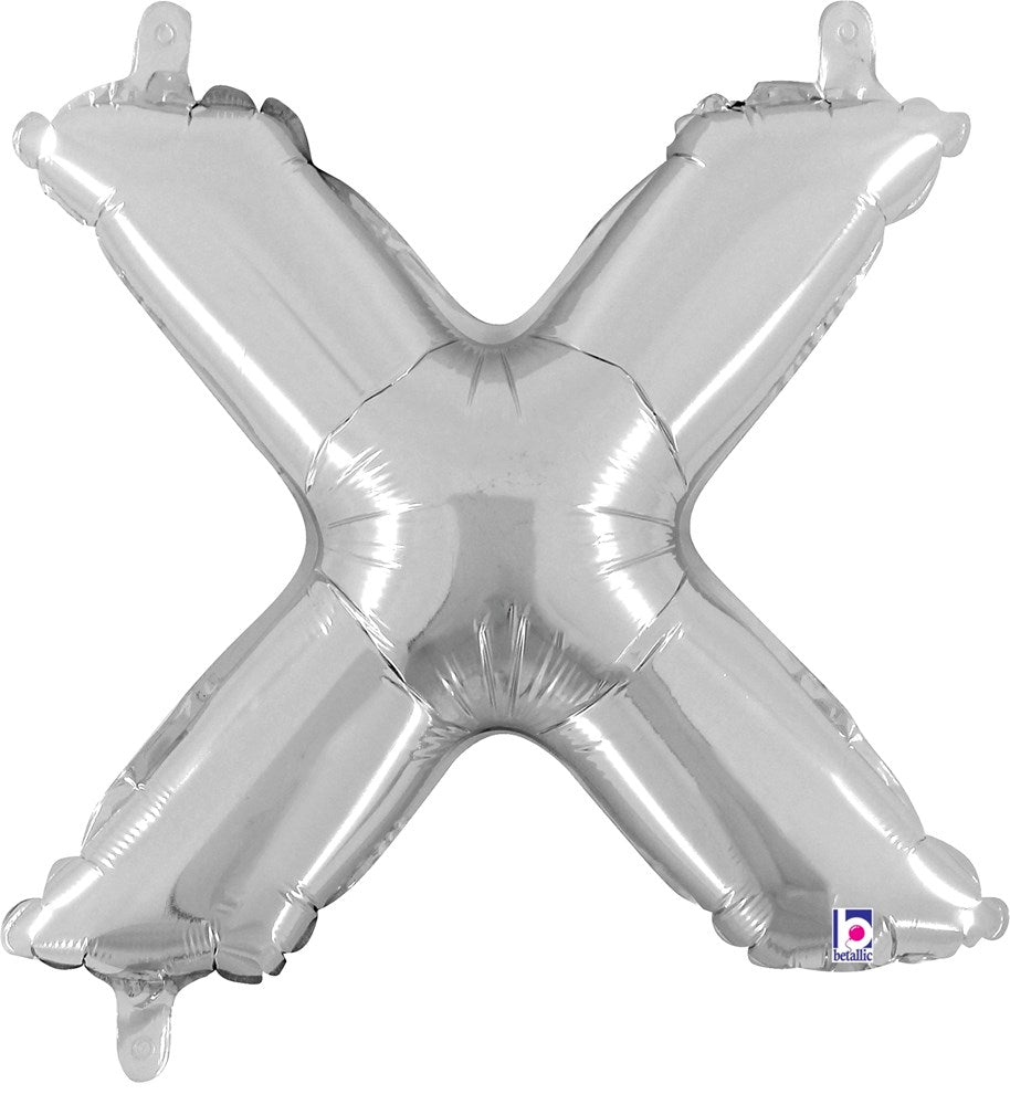 Silver metallic 14-inch foil balloon shaped as the letter X with valve for air inflation.