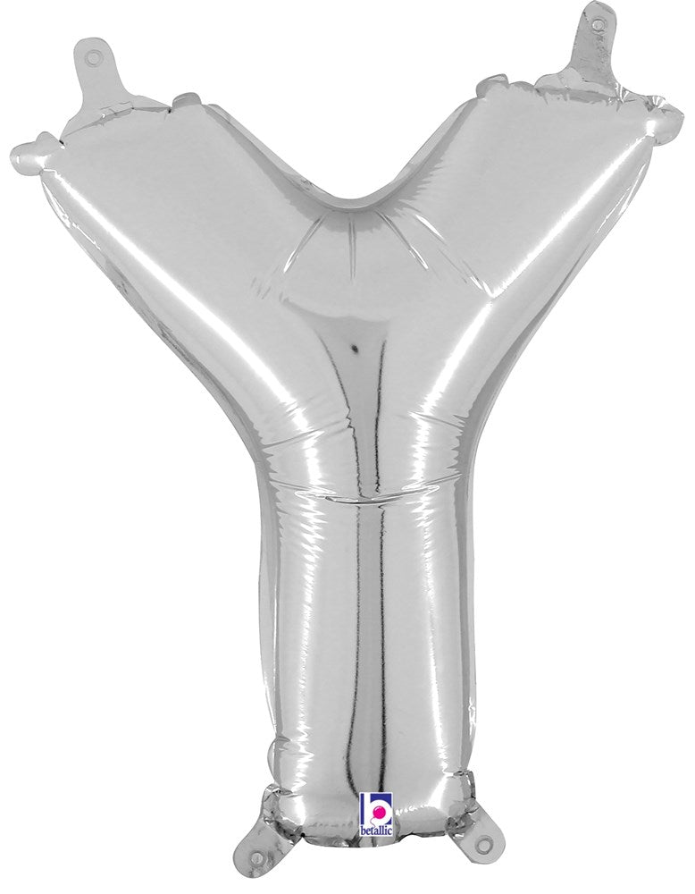 Silver metallic foil balloon shaped like the letter Y, 14 inches tall, with valve for air inflation.