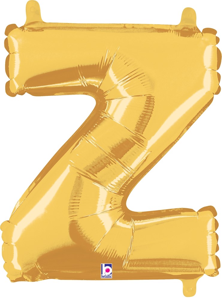 Gold foil balloon shaped like the letter Z, 14 inches tall with visible seams and shine.