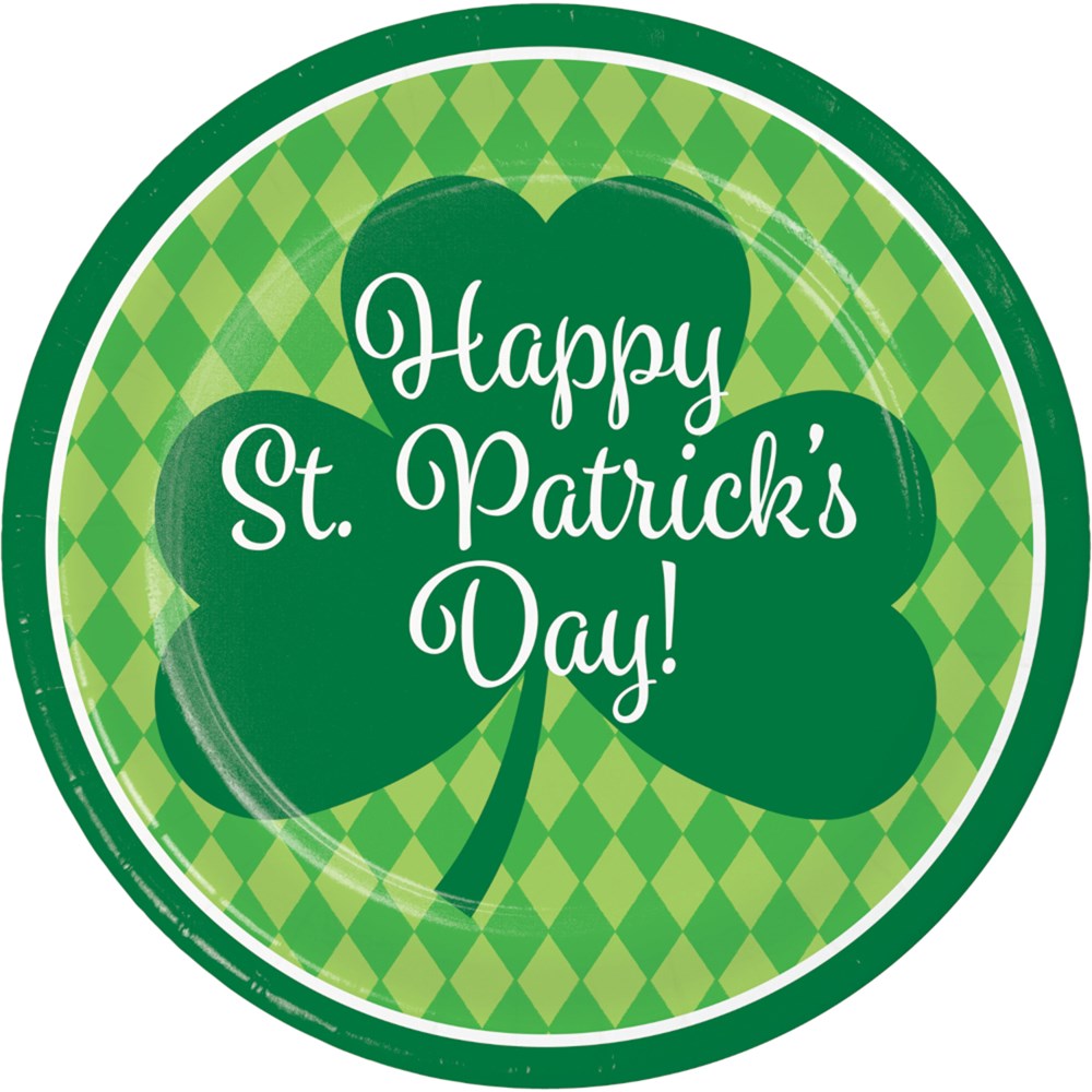 Round green paper dinner plate with a harlequin diamond pattern and a large shamrock saying "Happy St.