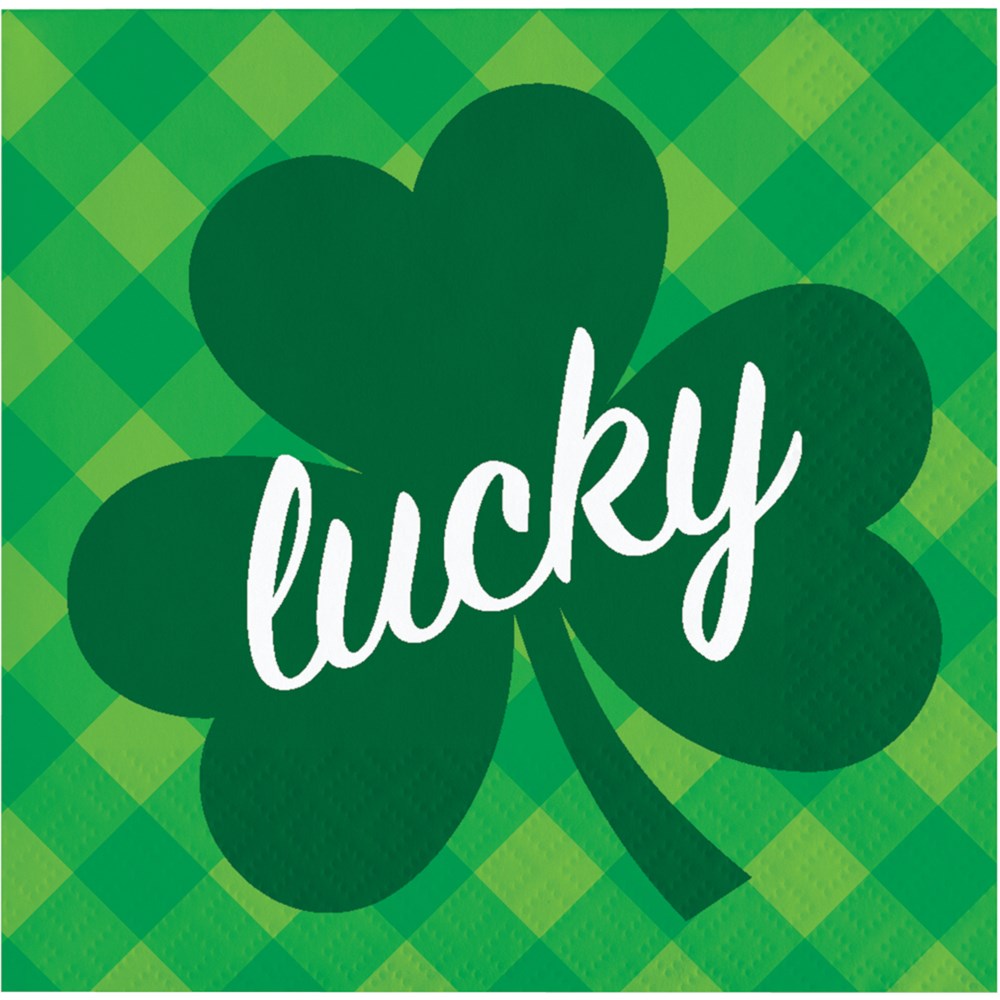 Green checkered beverage napkin with a large dark green shamrock and the word "lucky" in white cursive text.