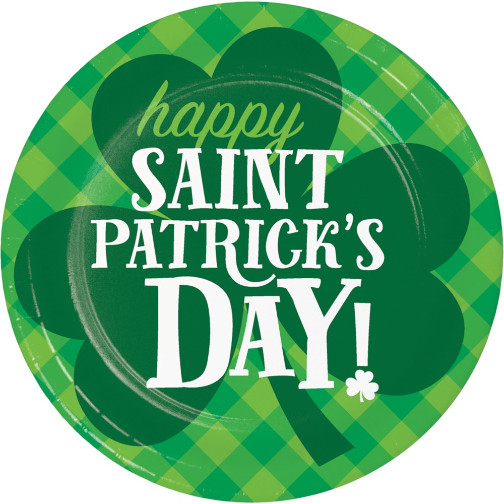 Round green plaid paper plate with dark green shamrocks and white text saying "Happy Saint Patrick's Day!".