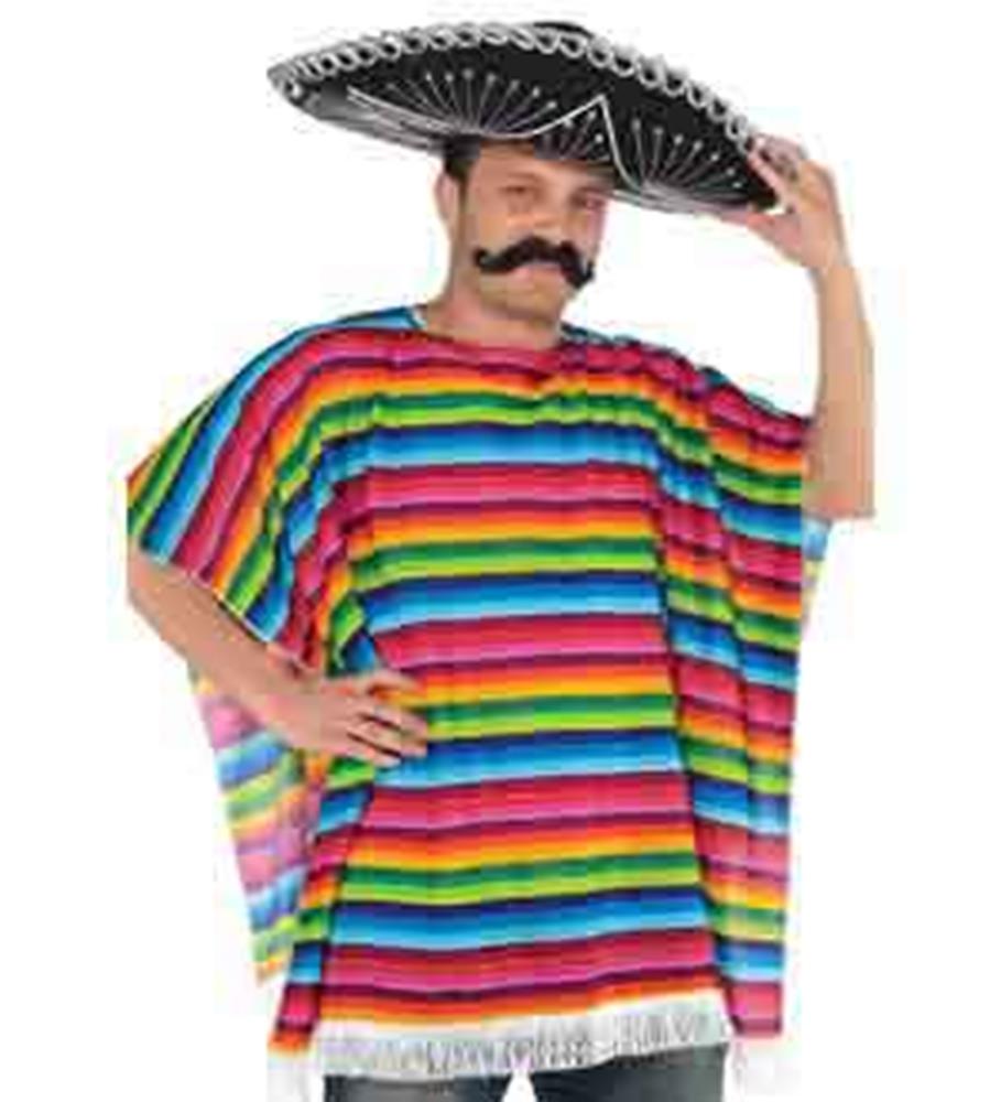 Vibrant multicolor striped serape poncho with fringed edges, worn by man with sombrero and mustache.