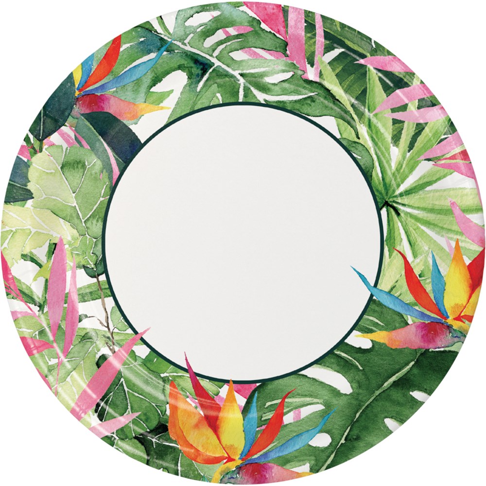 Round ceramic dinner plate with tropical green, pink, and orange floral rim and white center.