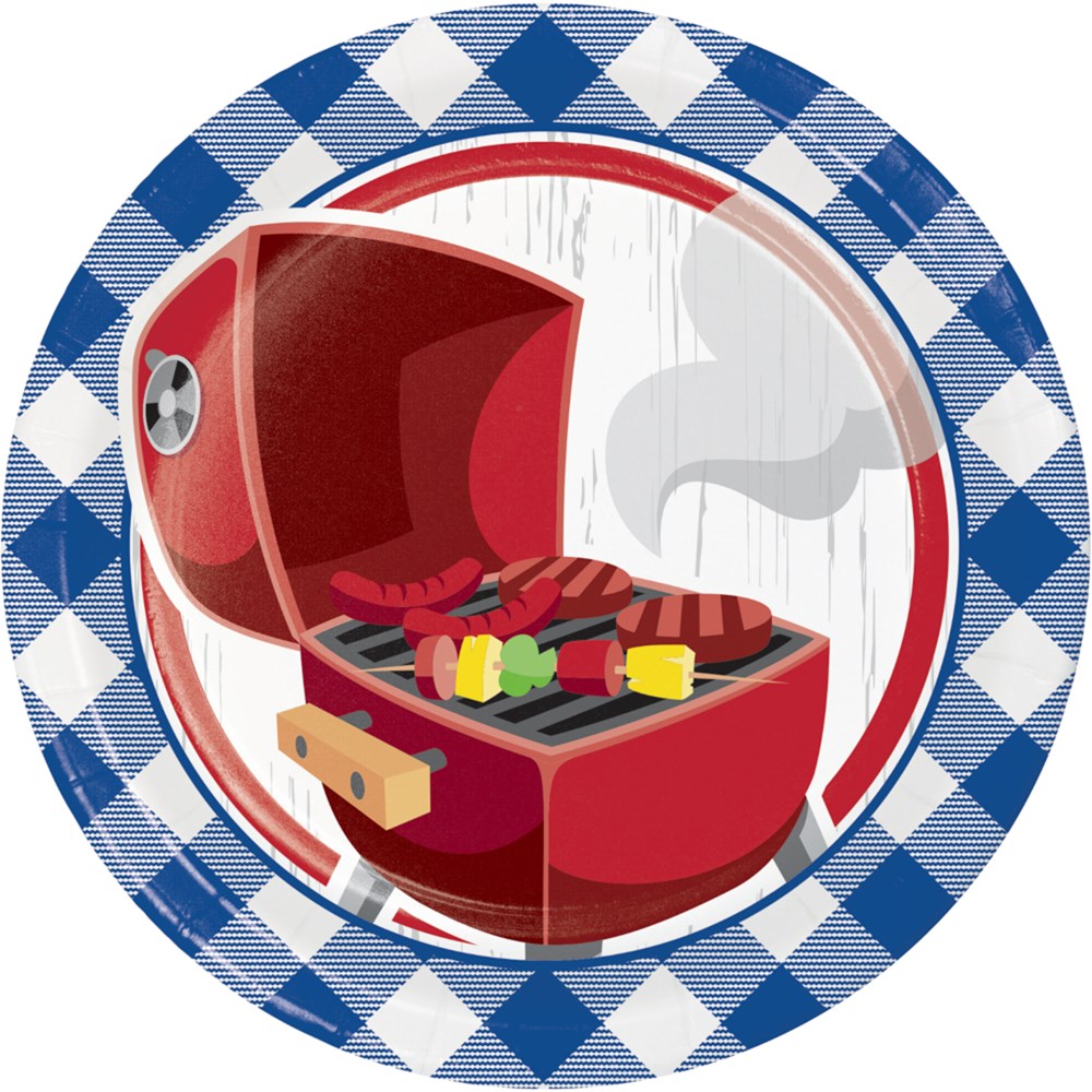 Round paper plate with blue gingham border and a red barbecue grill illustration cooking vegetables and meat.