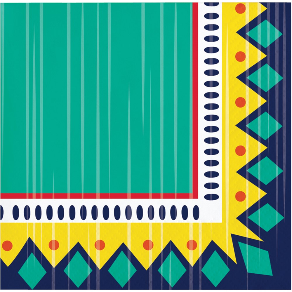 Square paper napkin with teal center, bordered by white, yellow, and patterned geometric edges in navy, green, and red.
