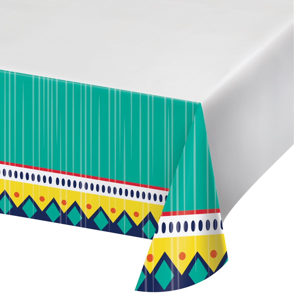White paper tablecover with colorful geometric border featuring teal, yellow, navy, and red patterns.