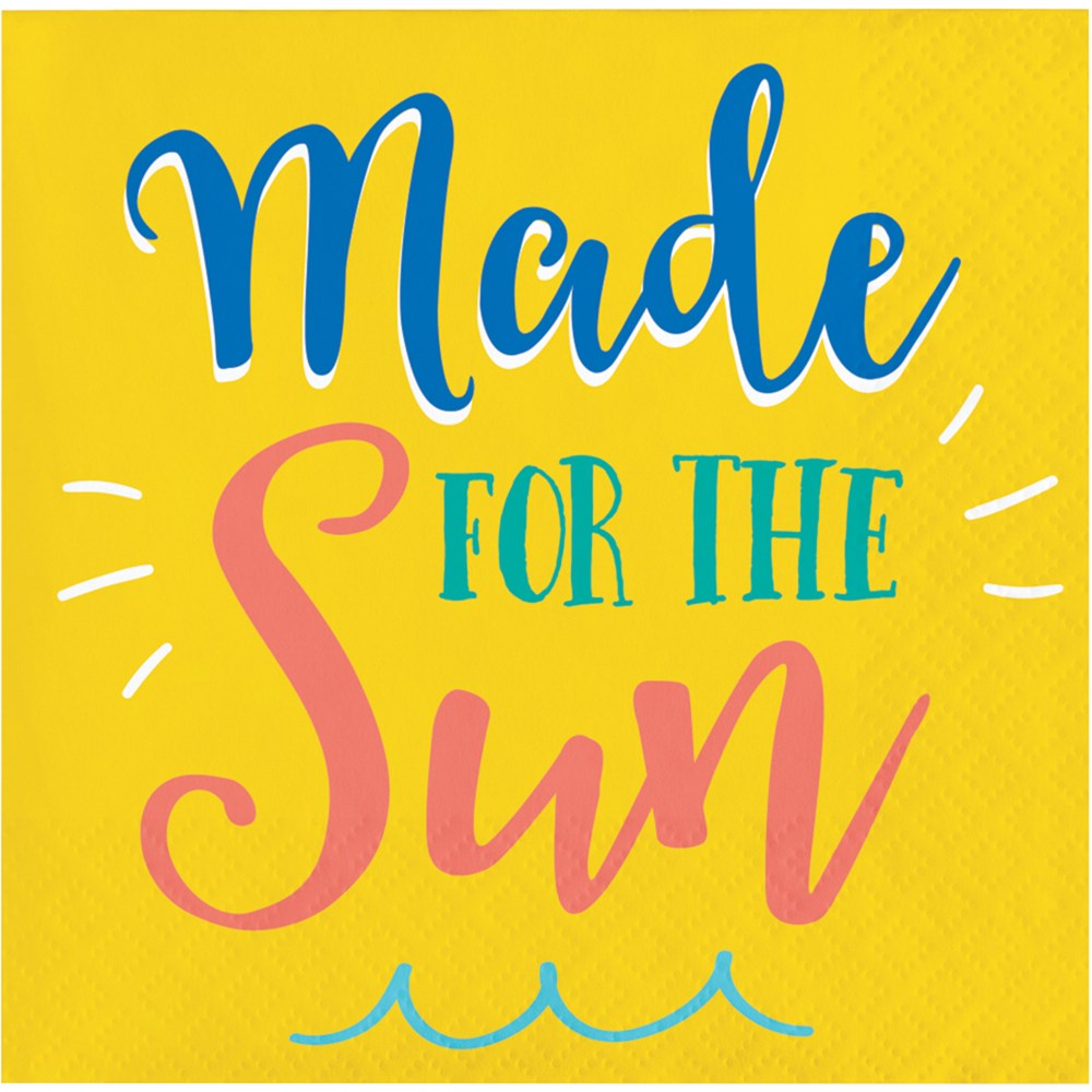 Yellow square beverage napkin with "Made for the Sun" text in blue, pink, and green letters, featuring small white sun rays.