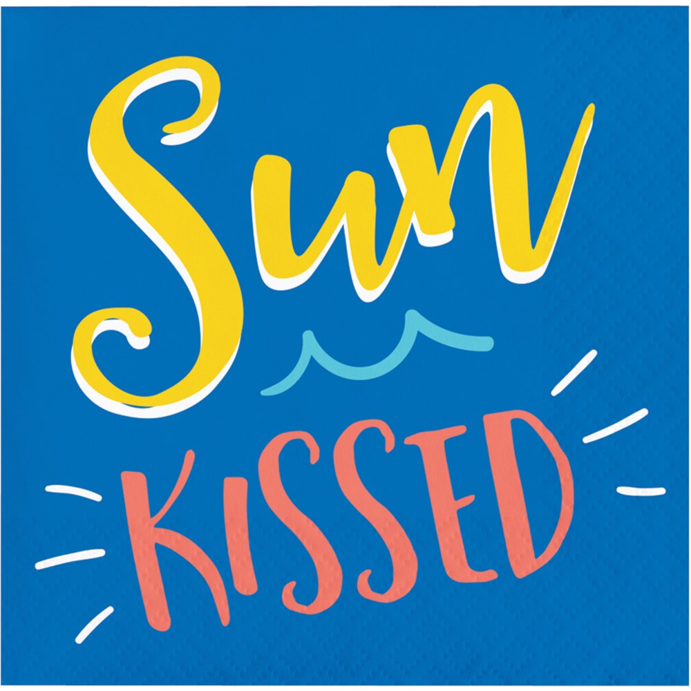 Blue beverage napkin with yellow "Sun" and coral "Kissed" text and decorative wavy lines.