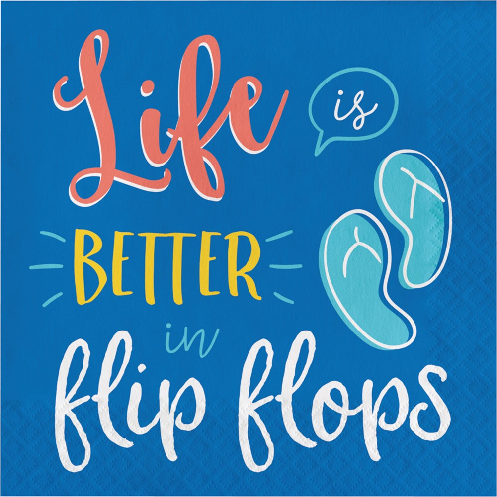 Blue luncheon napkin with colorful text "Life is better in flip flops" and turquoise flip flop illustrations.