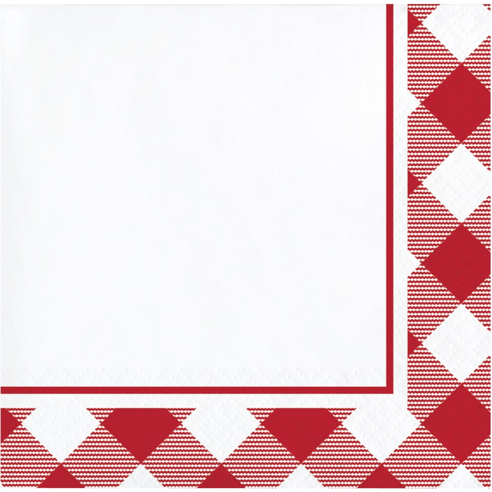 White square beverage napkin with red gingham check border on two adjacent edges.