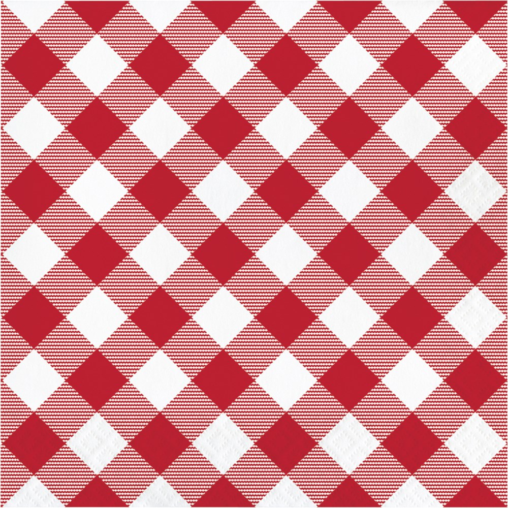 Red and white classic gingham checkered fabric luncheon napkin with a woven texture.