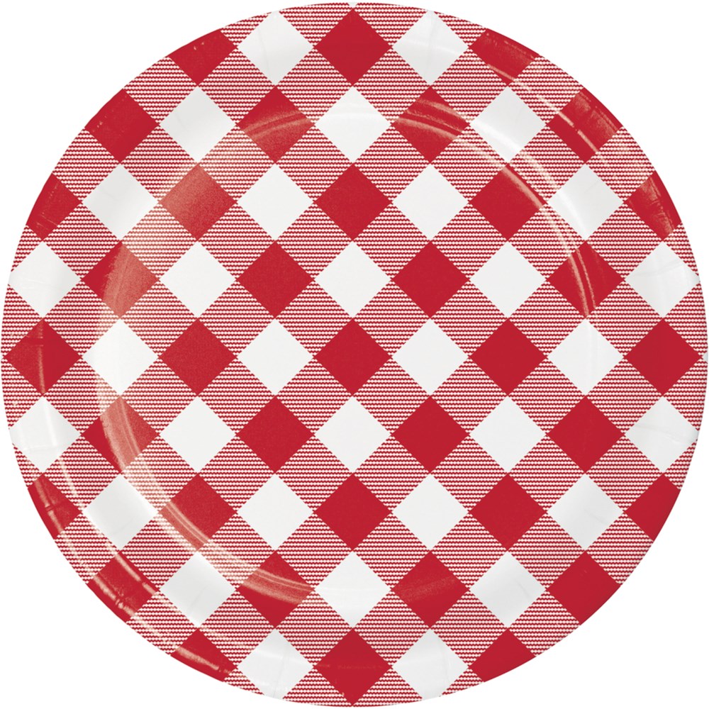 Round plastic luncheon plate with red and white gingham check pattern.