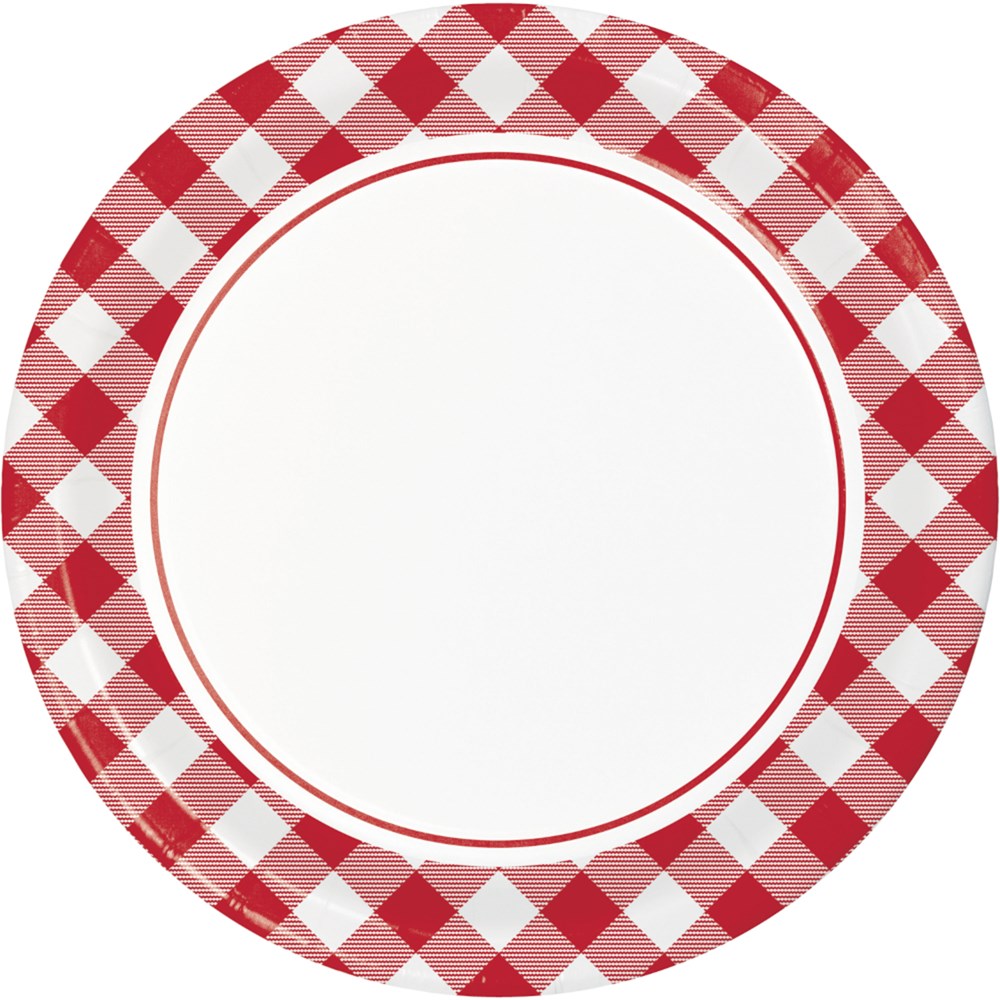 Round white dinner plate with red and white gingham checkered rim and thin red inner circle border.
