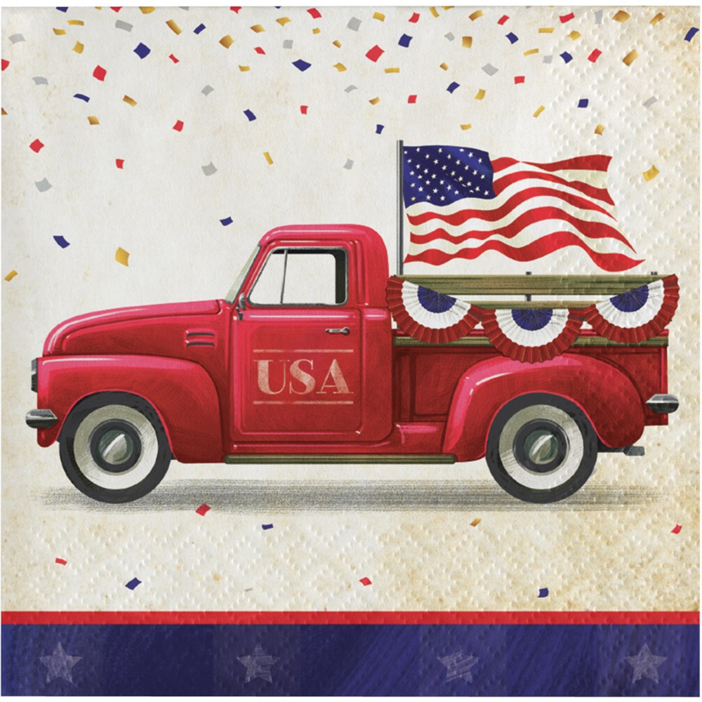 Vintage red pickup truck carrying an American flag with red, white, and blue bunting on patriotic confetti background.