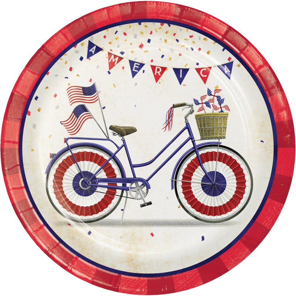 Round paper luncheon plate with red rim, featuring a blue bicycle decorated in red, white, and blue with an American flag.