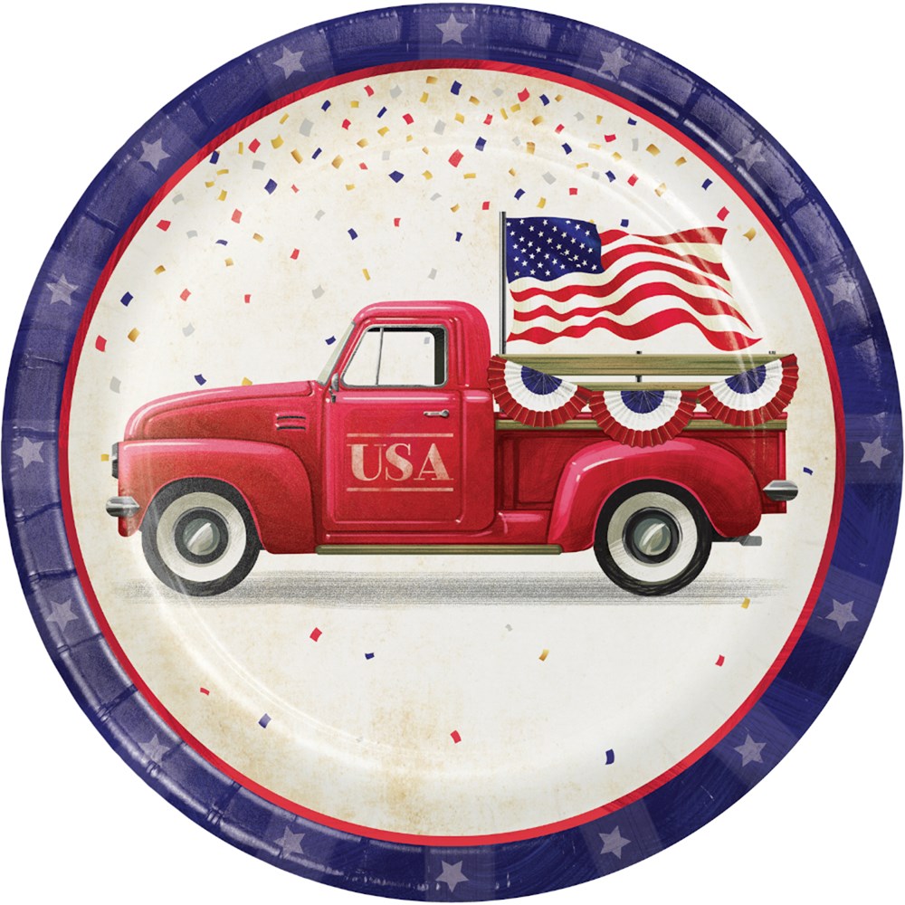 Round ceramic dinner plate with a blue star border, red vintage truck carrying a large American flag and bunting, scattered.