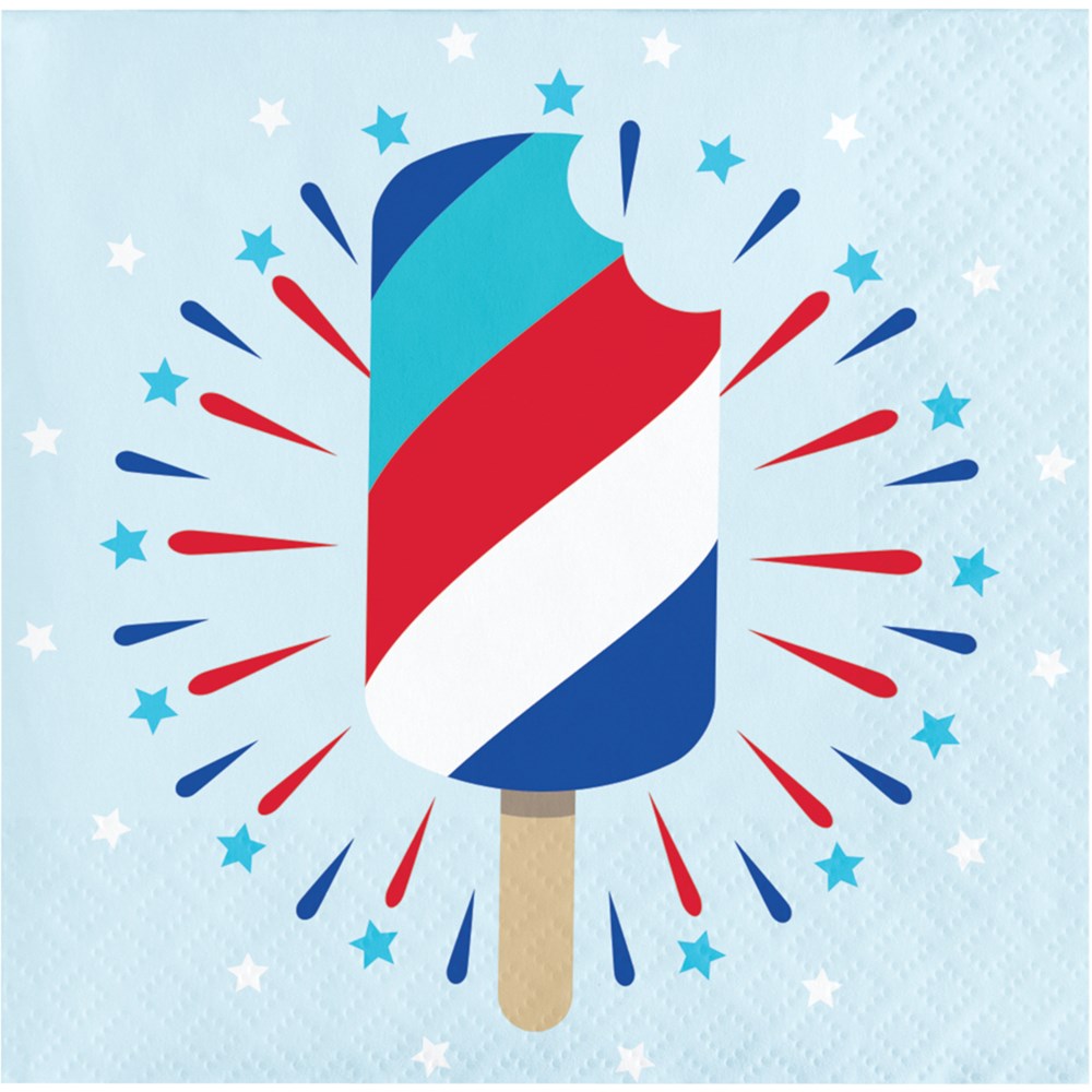 Light blue beverage napkin with a red, white, and blue striped popsicle graphic surrounded by red, white, and blue starburst