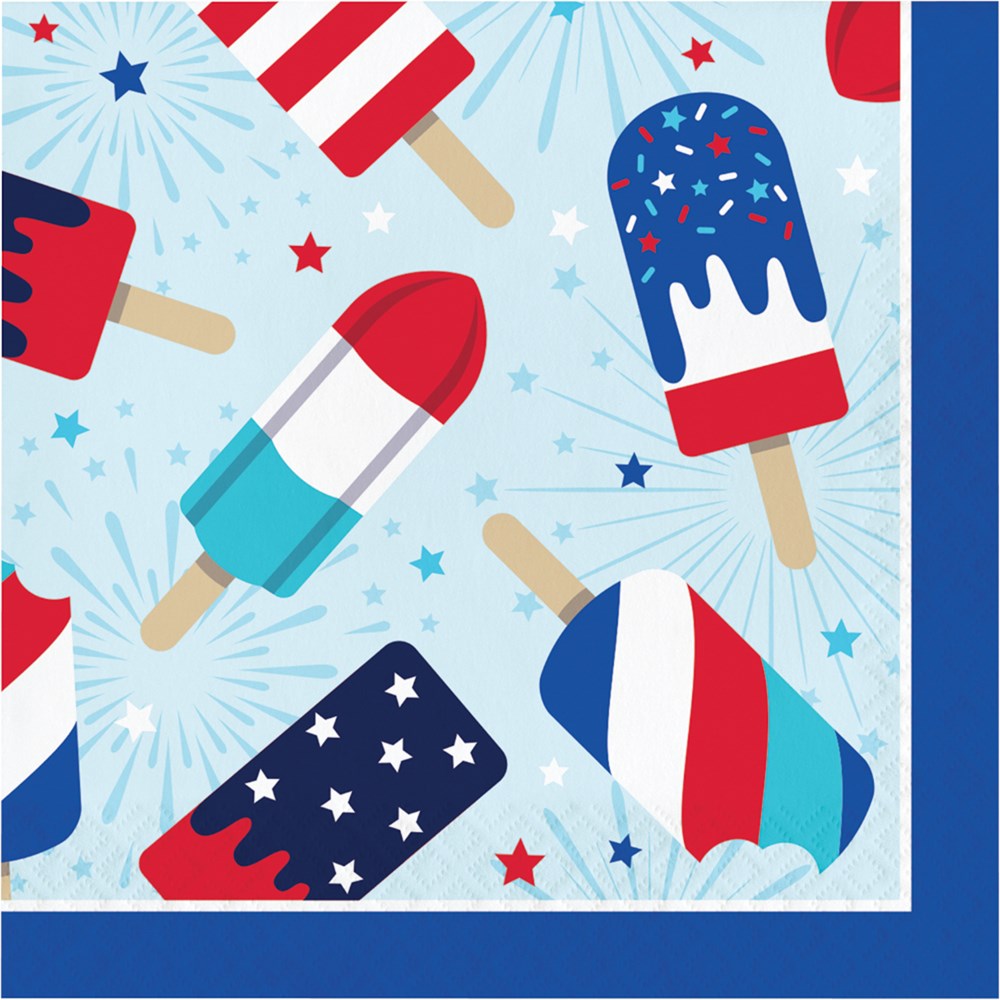 Square luncheon napkin with blue border featuring red, white, and blue festive popsicle illustrations and star confetti on.