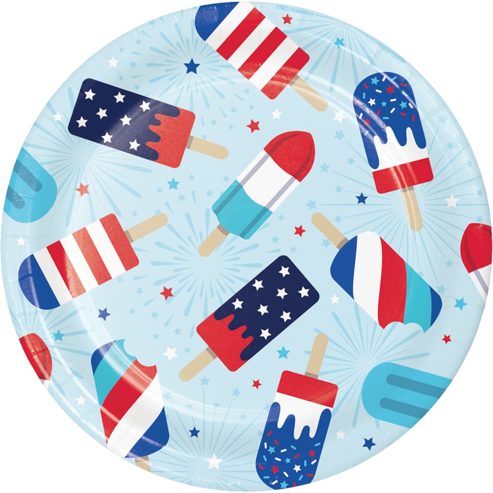 Round dinner plate with blue background featuring red, white, and blue patriotic popsicle designs and star accents.