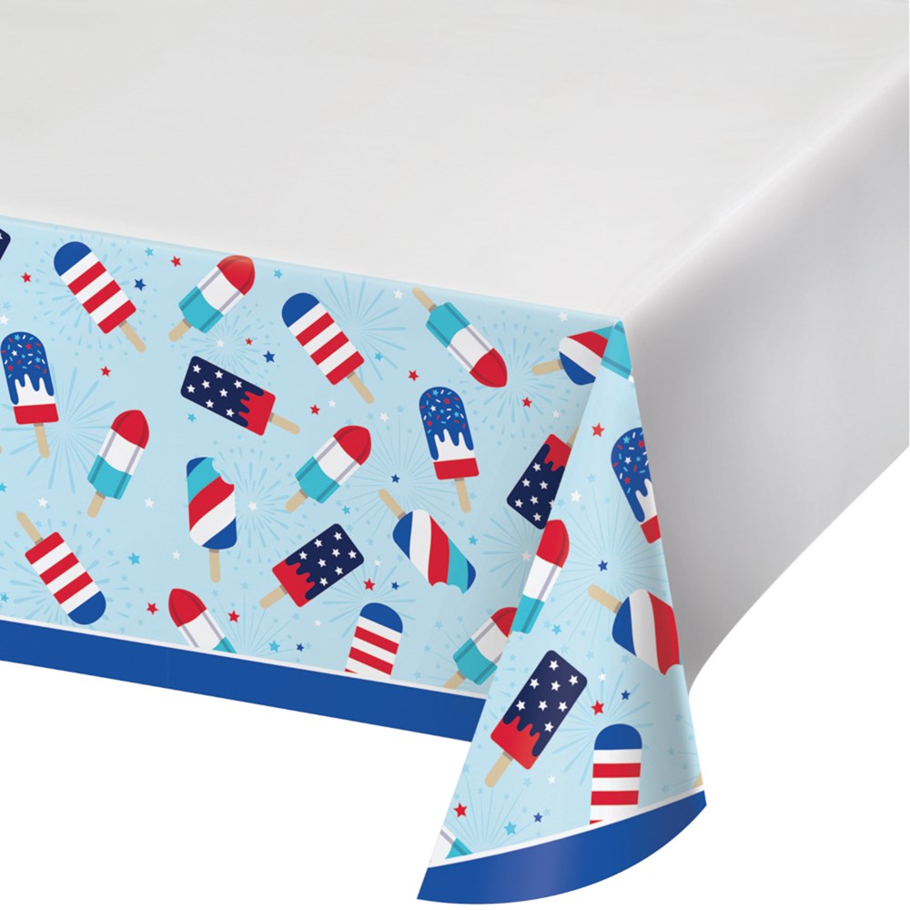 White tablecover with a light blue border featuring red, white, and blue patriotic popsicle illustrations.